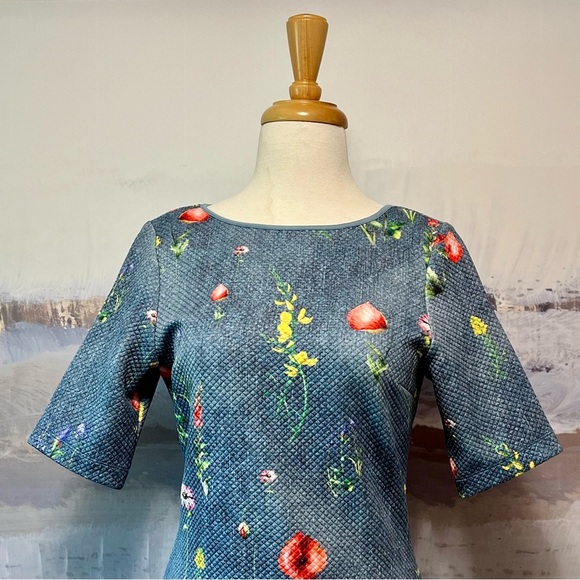 MARGARET O'LEARY Scuba Sheath Dress Womens‎ M Cottagecore Blue Floral Quilted - Picture 2 of 13
